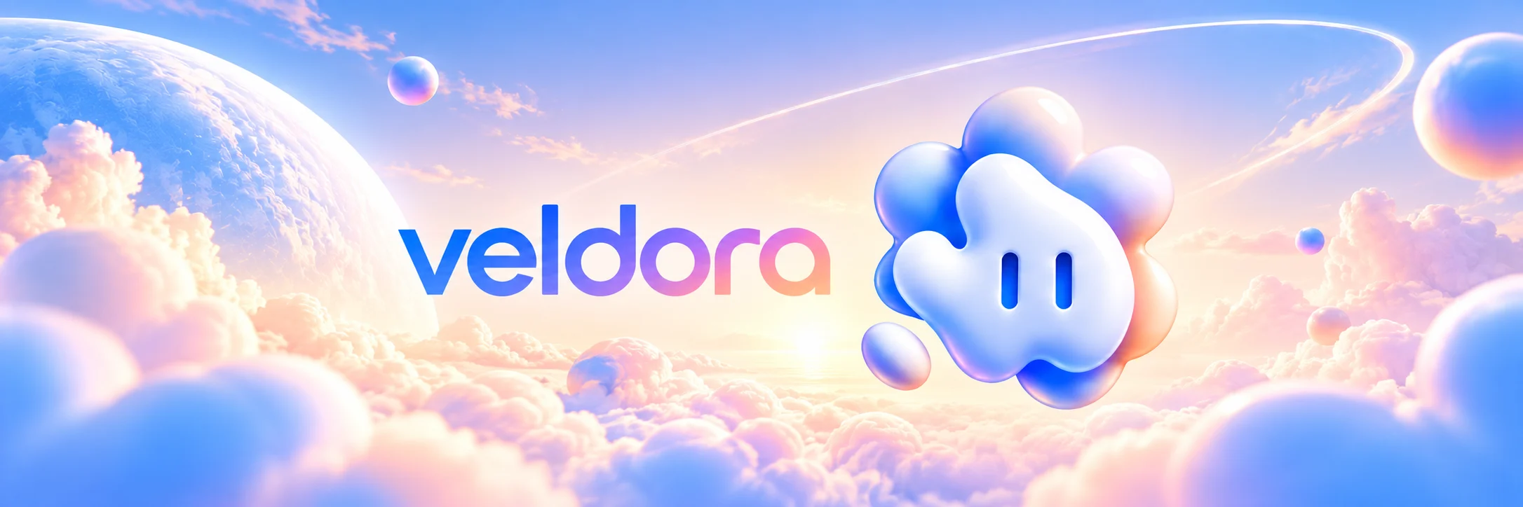 Veldora: the mascot floating above pastel clouds